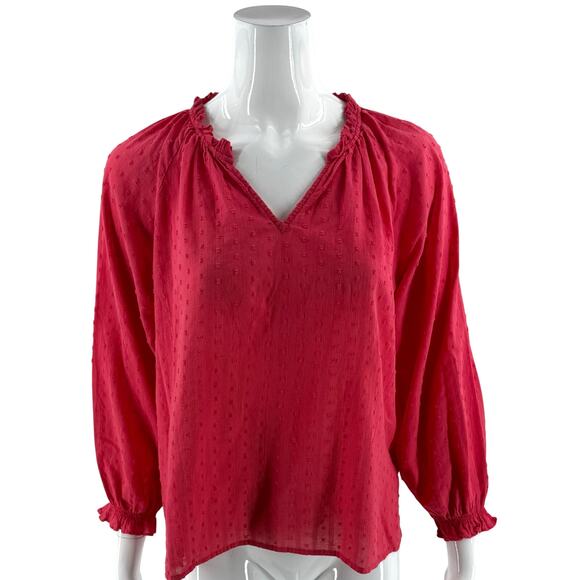 J Crew Peasant Top Size Small Novelty Artist Red Swiss Dot Shirred Cotton - Picture 1 of 7